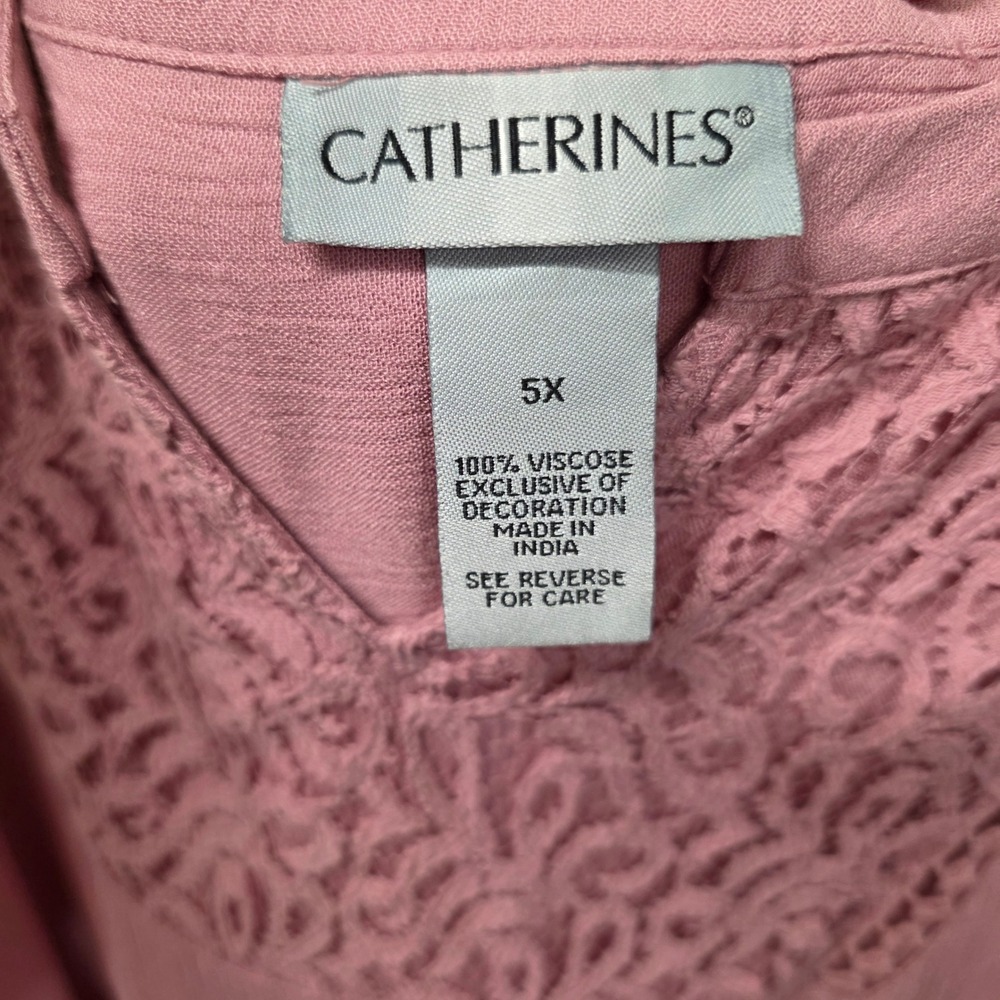 Catherines Womens 5X Dusty Rose Crochet Lace Split Neck Viscose Gauze Blouse - Picture 3 of 16